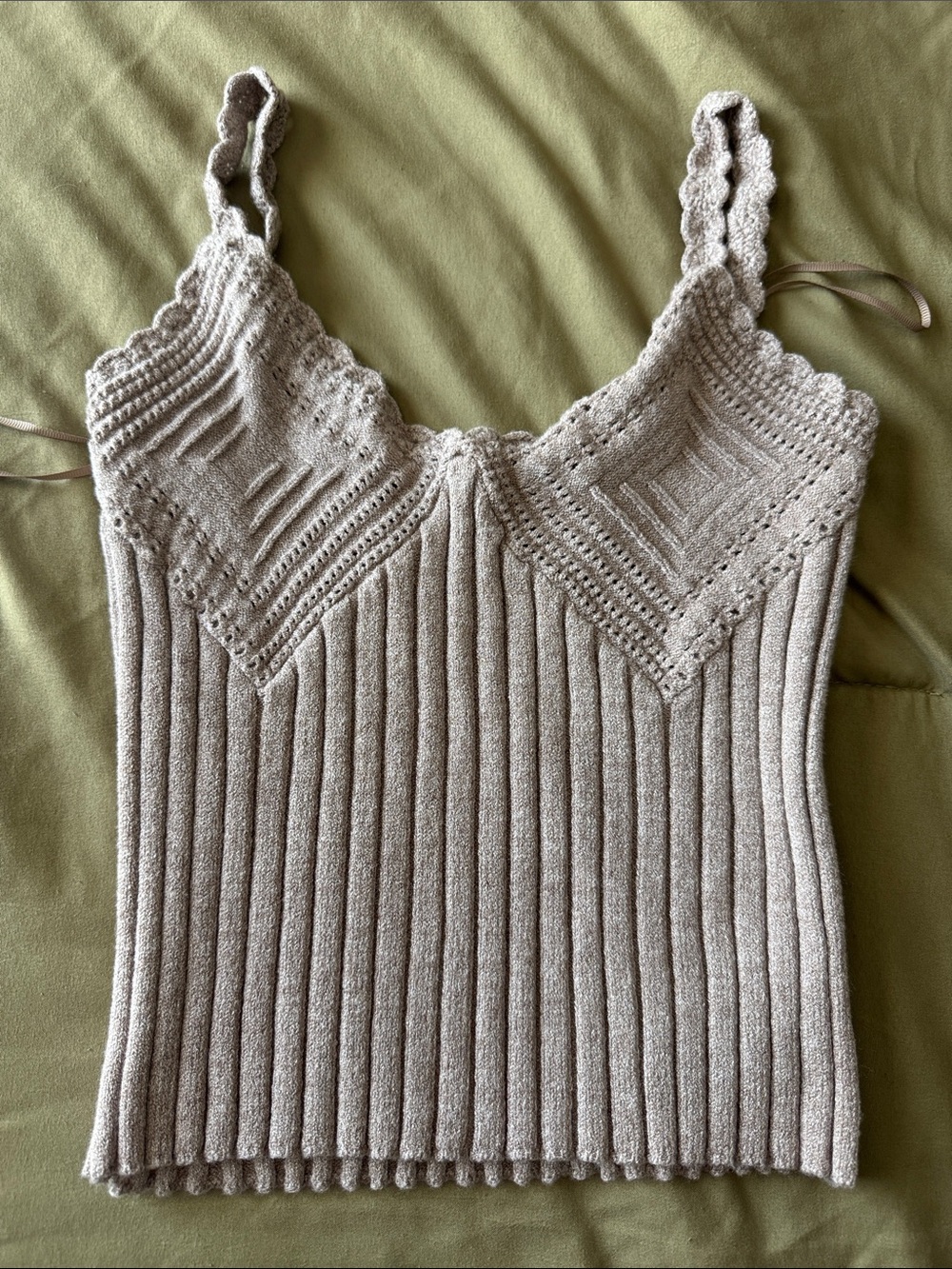Ribbed Knit Lace-Trim Cami - Cream